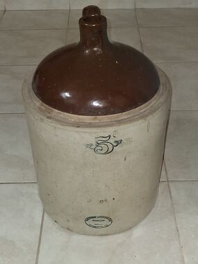 Antique 5-Gallon Stoneware Crock Jug with Brown Glazed Top-